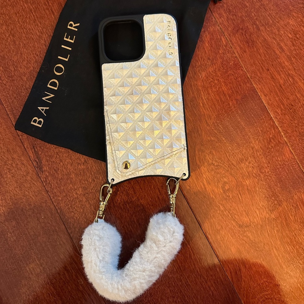Bandolier Phone Case 14 Pro Max with Textured Design cream color